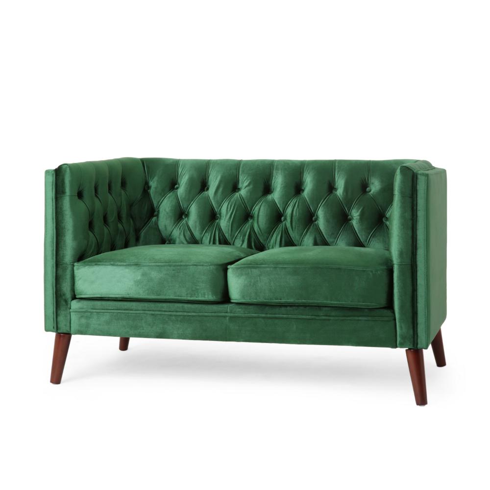 Janie Loveseat Bench, 54 Inch Birch, Button Tufted Diamond Green Velvet