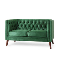 Janie Loveseat Bench, 54 Inch Birch, Button Tufted Diamond Green Velvet