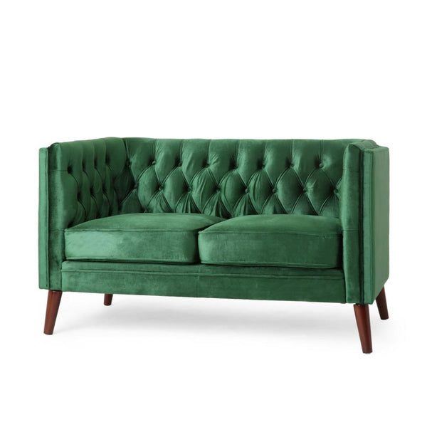 Janie Loveseat Bench, 54 Inch Birch, Button Tufted Diamond Green Velvet