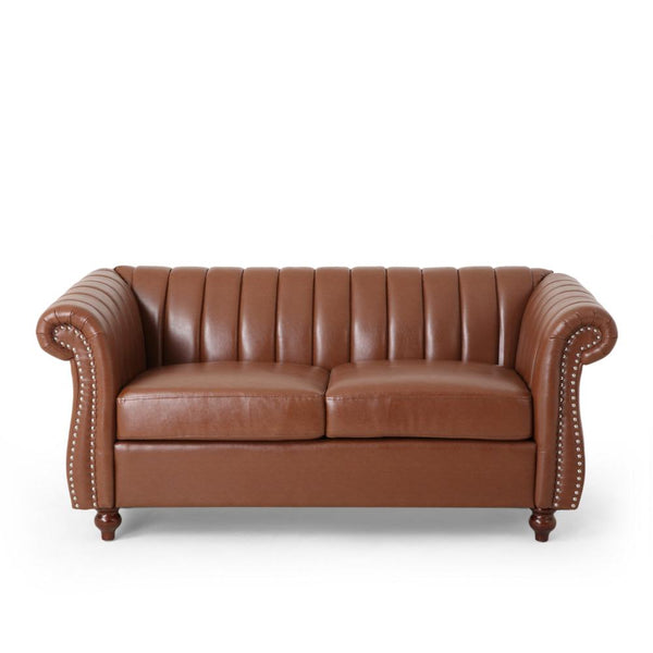 Faye 62 Inch Loveseat Sofa, Channel Stitched Brown Faux Leather w Nailhead -BM321577
