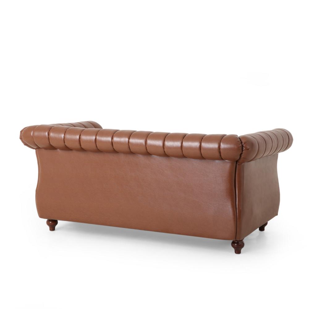 Faye 62 Inch Loveseat Sofa, Channel Stitched Brown Faux Leather w Nailhead -BM321577