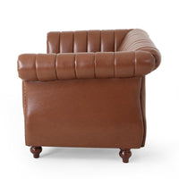 Faye 62 Inch Loveseat Sofa, Channel Stitched Brown Faux Leather w Nailhead -BM321577