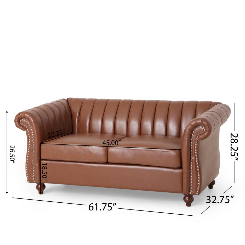 Faye 62 Inch Loveseat Sofa, Channel Stitched Brown Faux Leather w Nailhead -BM321577