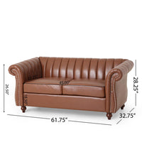 Faye 62 Inch Loveseat Sofa, Channel Stitched Brown Faux Leather w Nailhead -BM321577
