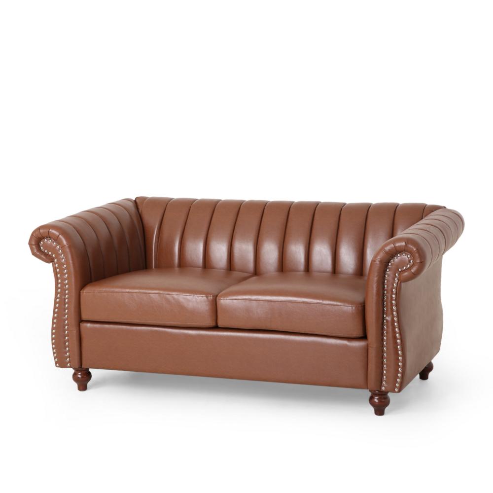 Faye 62 Inch Loveseat Sofa, Channel Stitched Brown Faux Leather w Nailhead