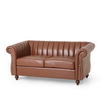Faye 62 Inch Loveseat Sofa, Channel Stitched Brown Faux Leather w Nailhead