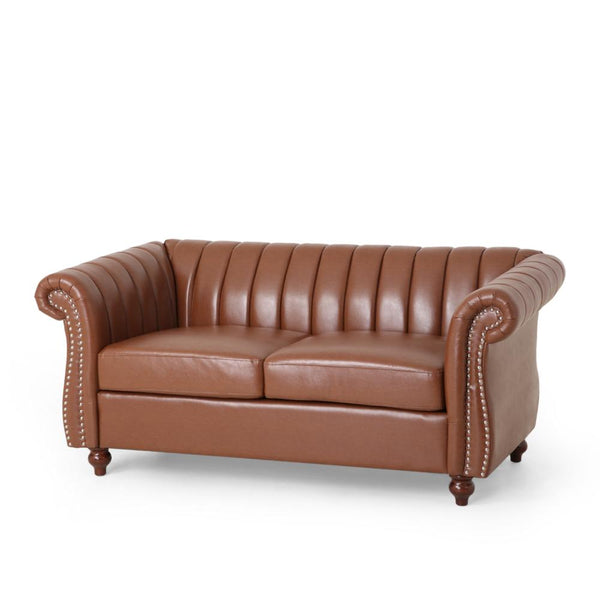 Faye 62 Inch Loveseat Sofa, Channel Stitched Brown Faux Leather w Nailhead
