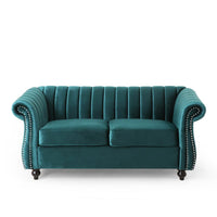 Faye 62 Inch Loveseat Sofa, Channel Stitched Teal Velvet w Nailhead Trim -BM321578