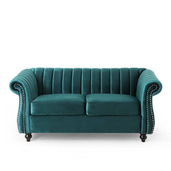 Faye 62 Inch Loveseat Sofa, Channel Stitched Teal Velvet w Nailhead Trim -BM321578