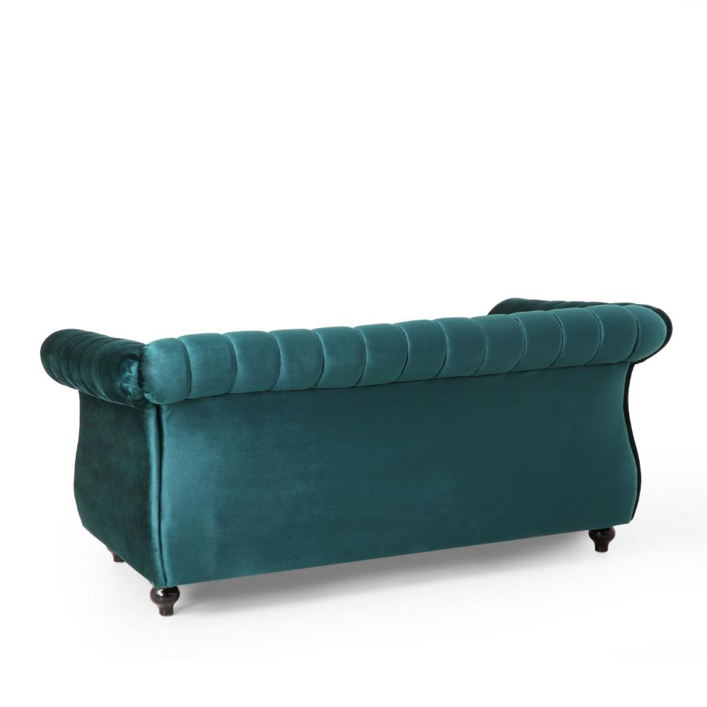 Faye 62 Inch Loveseat Sofa, Channel Stitched Teal Velvet w Nailhead Trim -BM321578