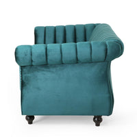 Faye 62 Inch Loveseat Sofa, Channel Stitched Teal Velvet w Nailhead Trim -BM321578