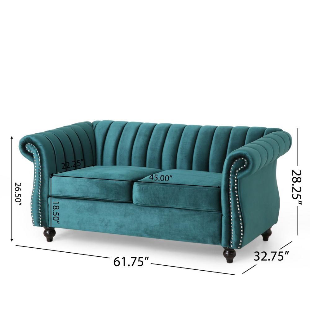 Faye 62 Inch Loveseat Sofa, Channel Stitched Teal Velvet w Nailhead Trim -BM321578
