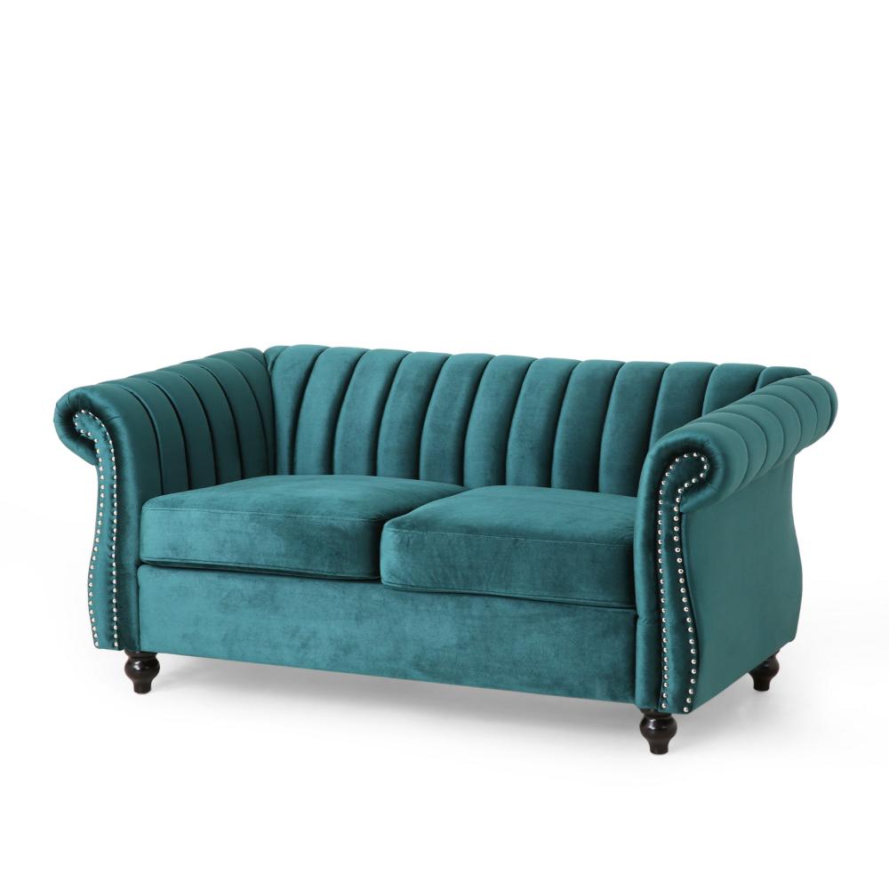 Faye 62 Inch Loveseat Sofa, Channel Stitched Teal Velvet w Nailhead Trim