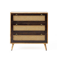 33 Inch Sideboard Cabinet, 3 Drawers, Cane Wicker Natural Brown Mango Wood -BM321579