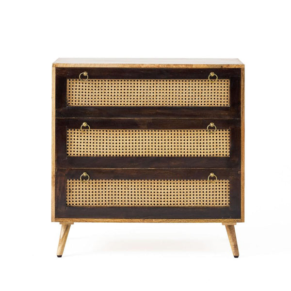 33 Inch Sideboard Cabinet, 3 Drawers, Cane Wicker Natural Brown Mango Wood -BM321579