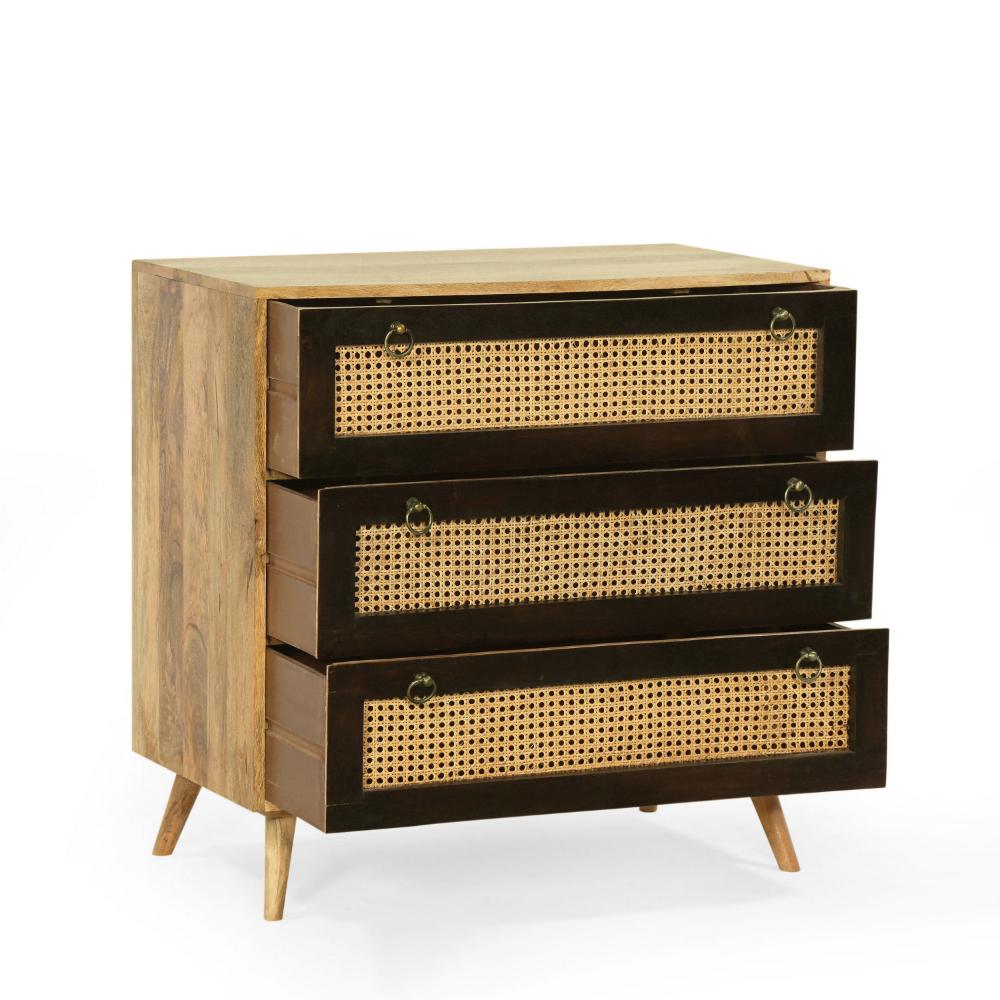 33 Inch Sideboard Cabinet, 3 Drawers, Cane Wicker Natural Brown Mango Wood -BM321579