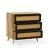 33 Inch Sideboard Cabinet, 3 Drawers, Cane Wicker Natural Brown Mango Wood -BM321579