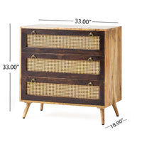 33 Inch Sideboard Cabinet, 3 Drawers, Cane Wicker Natural Brown Mango Wood -BM321579