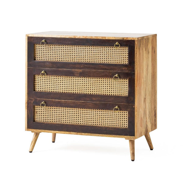 33 Inch Sideboard Cabinet, 3 Drawers, Cane Wicker Natural Brown Mango Wood