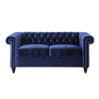 Misha 61 Inch Loveseat Sofa, Nailhead Trim, Channel Stitch Blue Velvet -BM321581