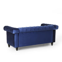 Misha 61 Inch Loveseat Sofa, Nailhead Trim, Channel Stitch Blue Velvet -BM321581