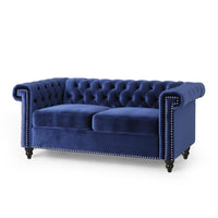 Misha 61 Inch Loveseat Sofa, Nailhead Trim, Channel Stitch Blue Velvet