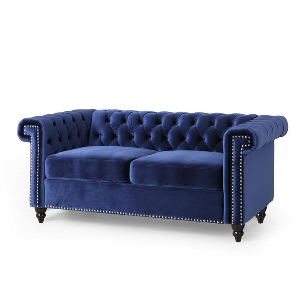 Misha 61 Inch Loveseat Sofa, Nailhead Trim, Channel Stitch Blue Velvet