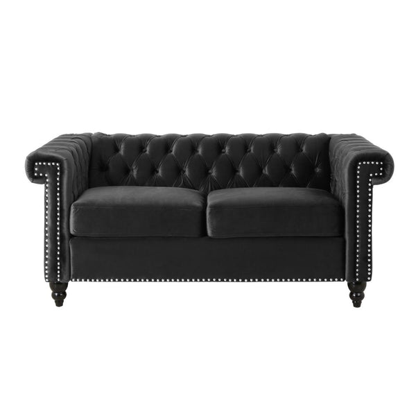 Misha 61 Inch Loveseat Sofa, Nailhead Trim, Channel Stitch Black Velvet -BM321582