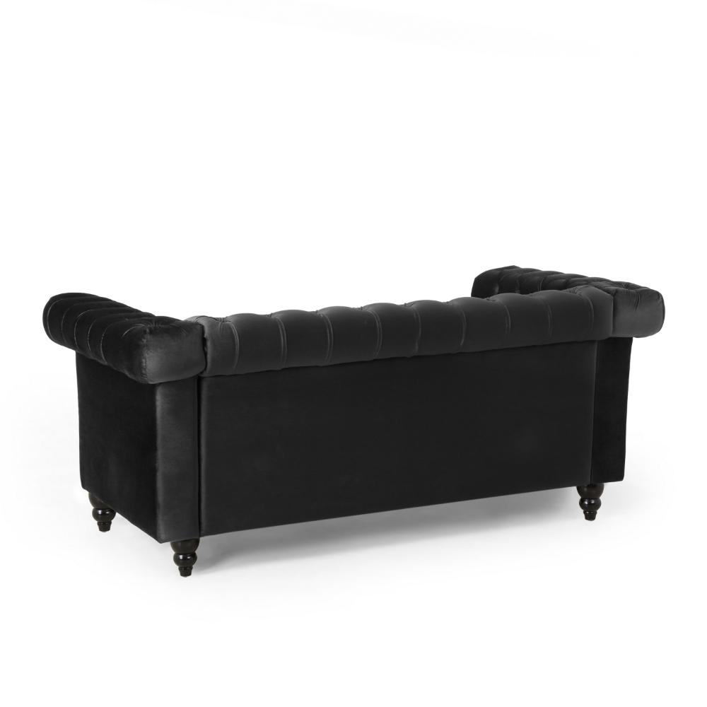 Misha 61 Inch Loveseat Sofa, Nailhead Trim, Channel Stitch Black Velvet -BM321582