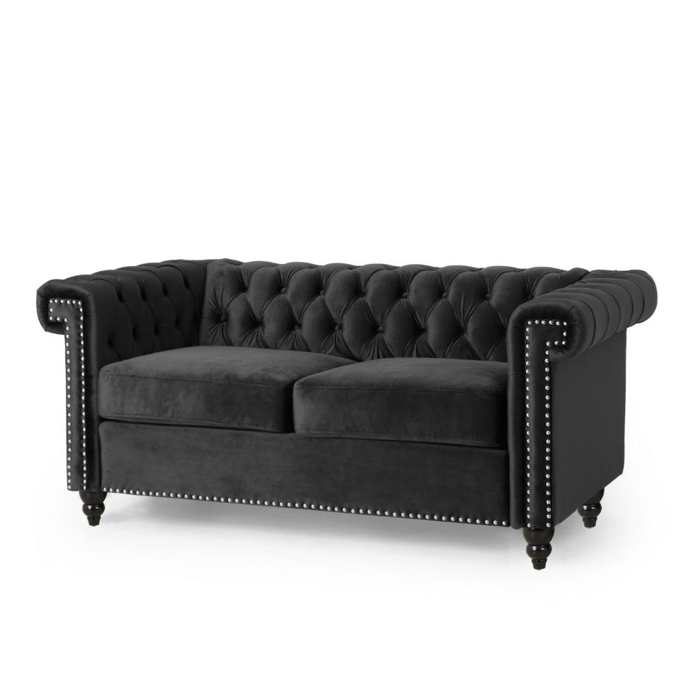 Misha 61 Inch Loveseat Sofa, Nailhead Trim, Channel Stitch Black Velvet
