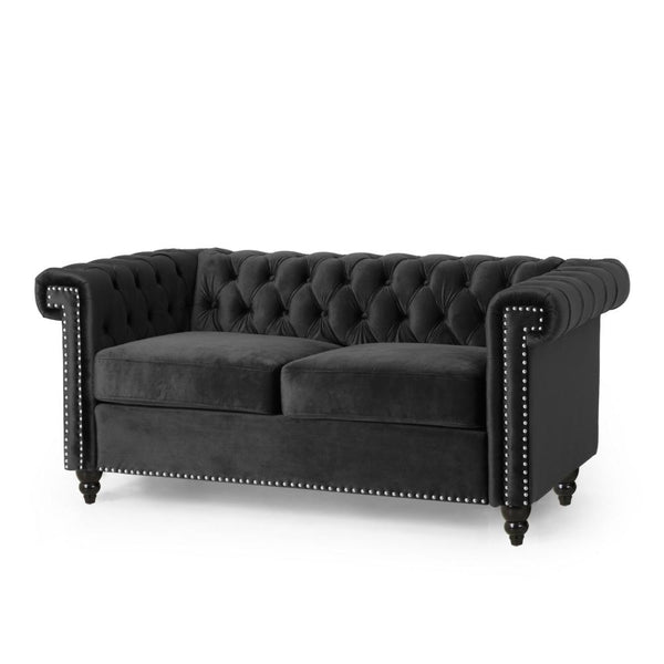 Misha 61 Inch Loveseat Sofa, Nailhead Trim, Channel Stitch Black Velvet