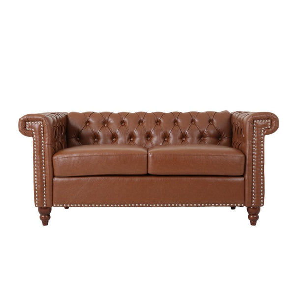 Misha 61 Inch Loveseat Sofa, Nailhead, Channel Stitch Brown Faux Leather -BM321583