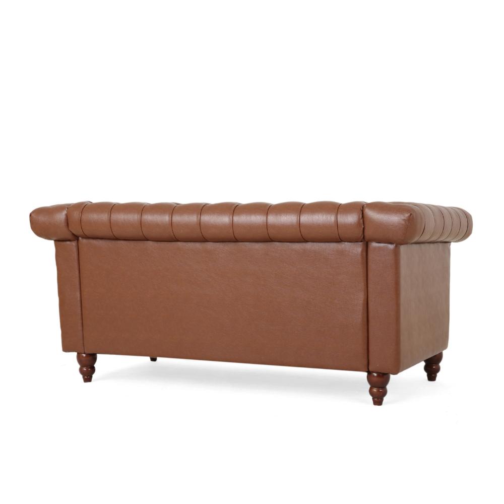 Misha 61 Inch Loveseat Sofa, Nailhead, Channel Stitch Brown Faux Leather -BM321583