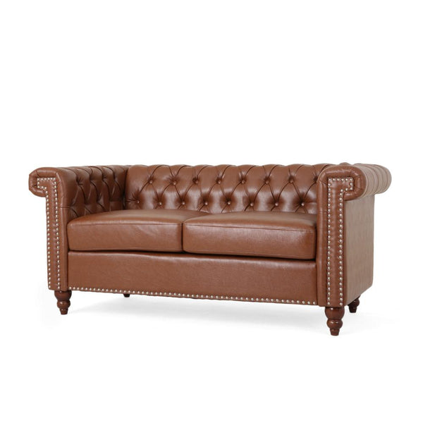 Misha 61 Inch Loveseat Sofa, Nailhead, Channel Stitch Brown Faux Leather
