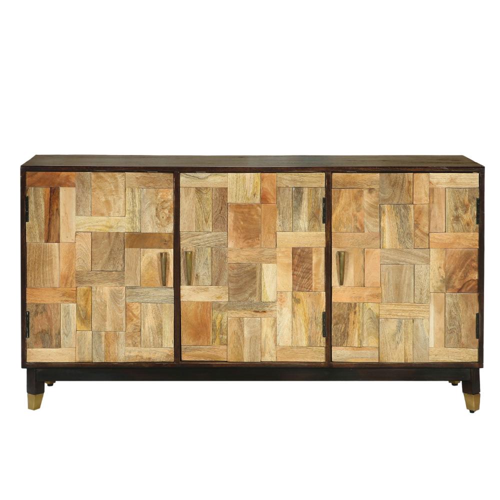 Sideboard Console, 3 Doors, 55 Inch Brass Taper Legs, Walnut Mango Wood -BM321587