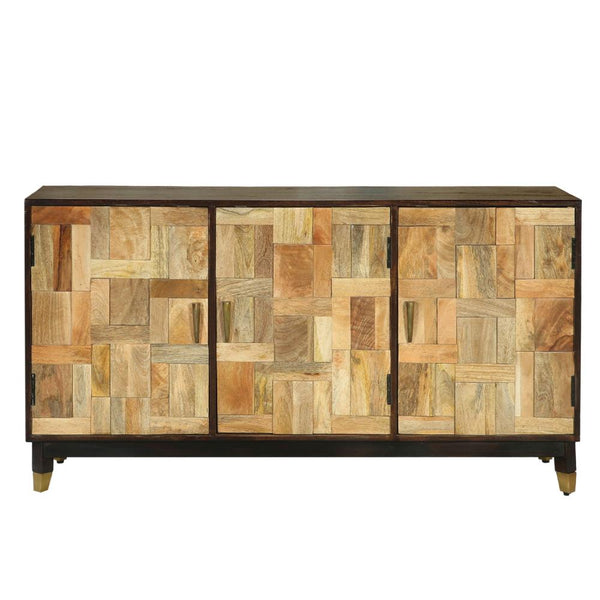 Sideboard Console, 3 Doors, 55 Inch Brass Taper Legs, Walnut Mango Wood -BM321587