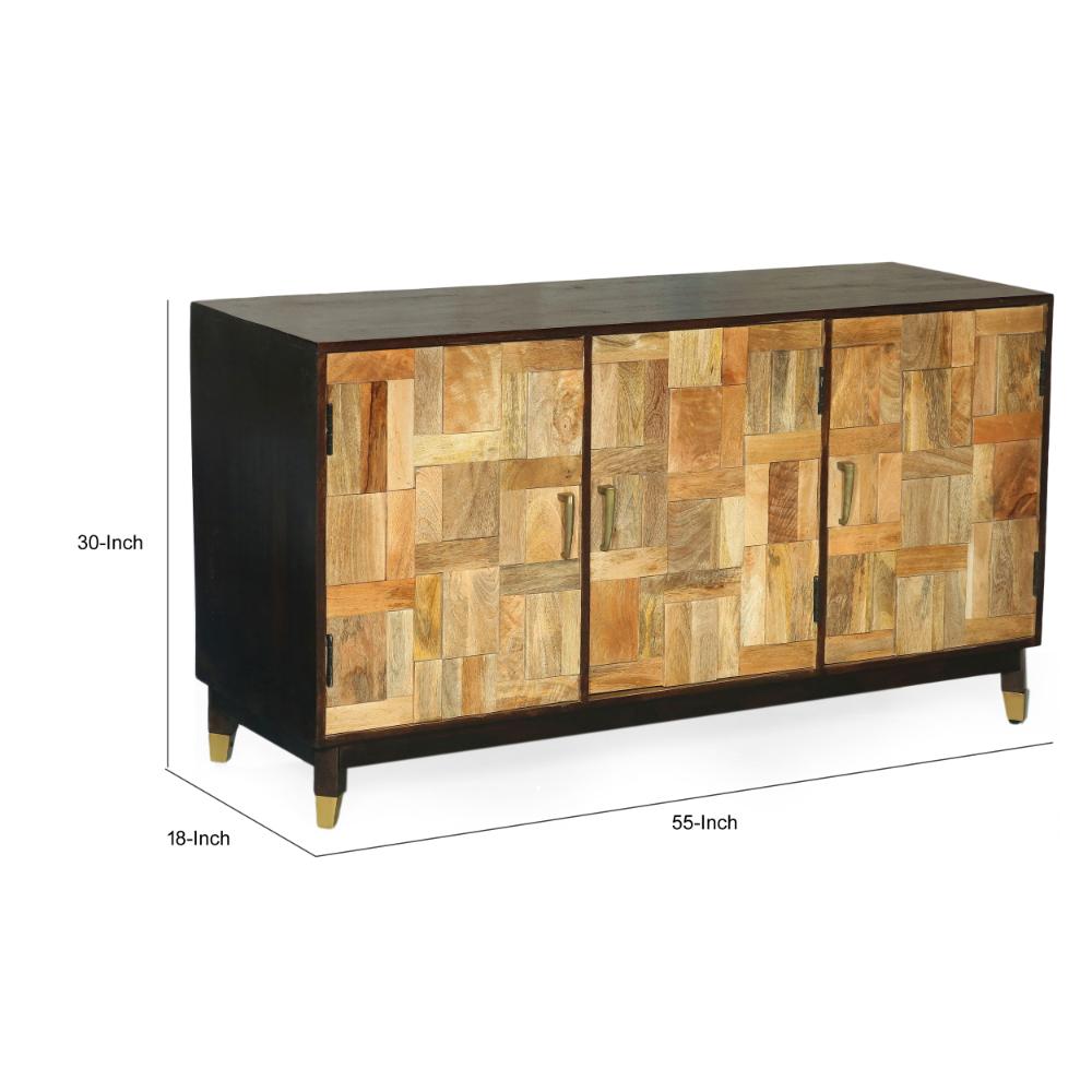 Sideboard Console, 3 Doors, 55 Inch Brass Taper Legs, Walnut Mango Wood -BM321587
