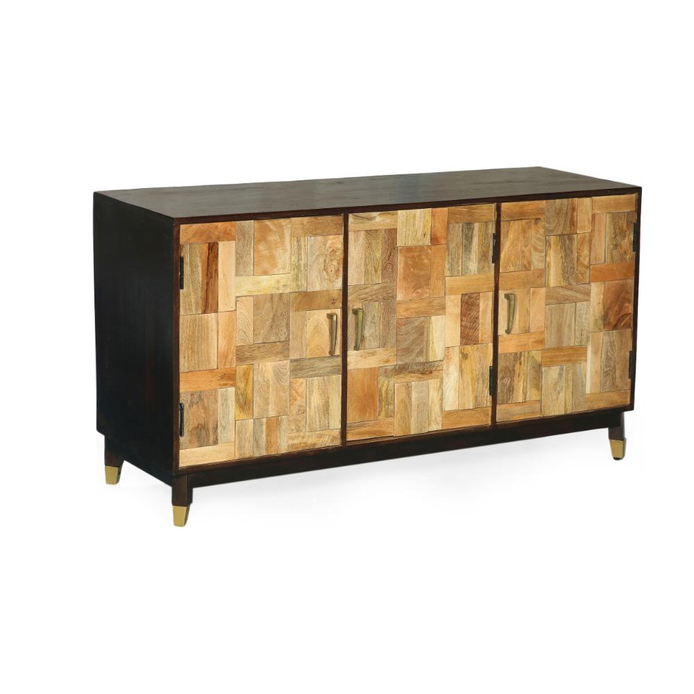 Sideboard Console, 3 Doors, 55 Inch Brass Taper Legs, Walnut Mango Wood
