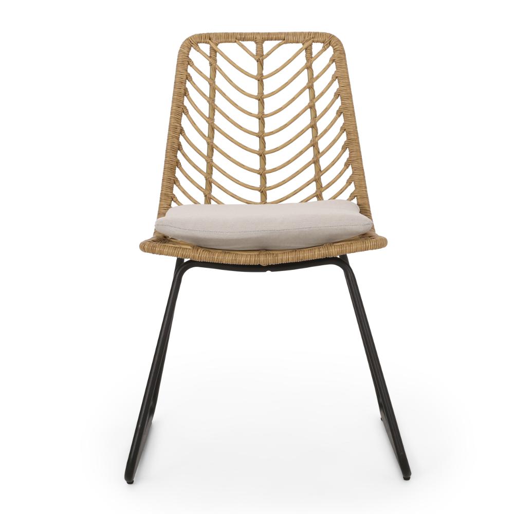 Side Dining Chair Set of 2, Black Metal, White Fabric, Brown Wicker Rattan -BM321594