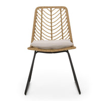 Side Dining Chair Set of 2, Black Metal, White Fabric, Brown Wicker Rattan -BM321594