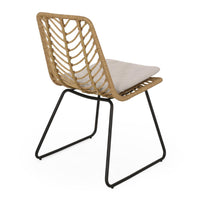 Side Dining Chair Set of 2, Black Metal, White Fabric, Brown Wicker Rattan -BM321594