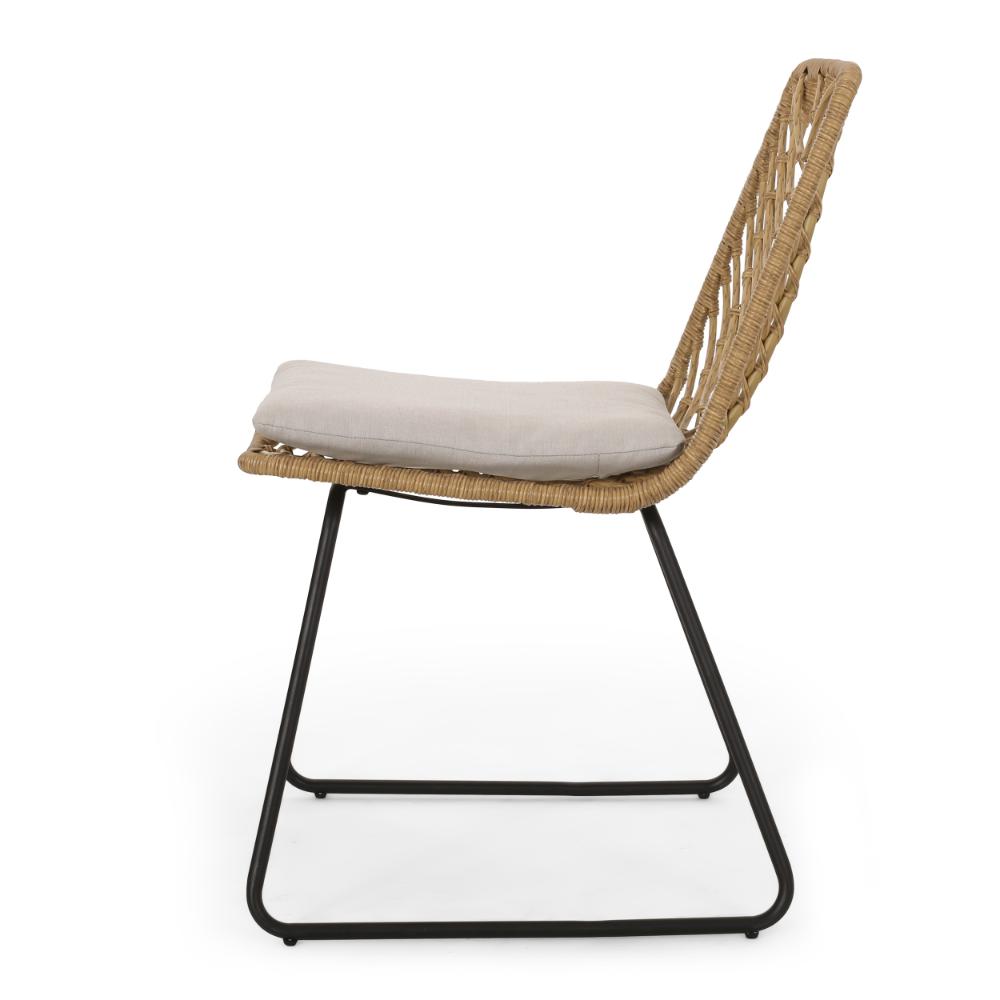 Side Dining Chair Set of 2, Black Metal, White Fabric, Brown Wicker Rattan -BM321594