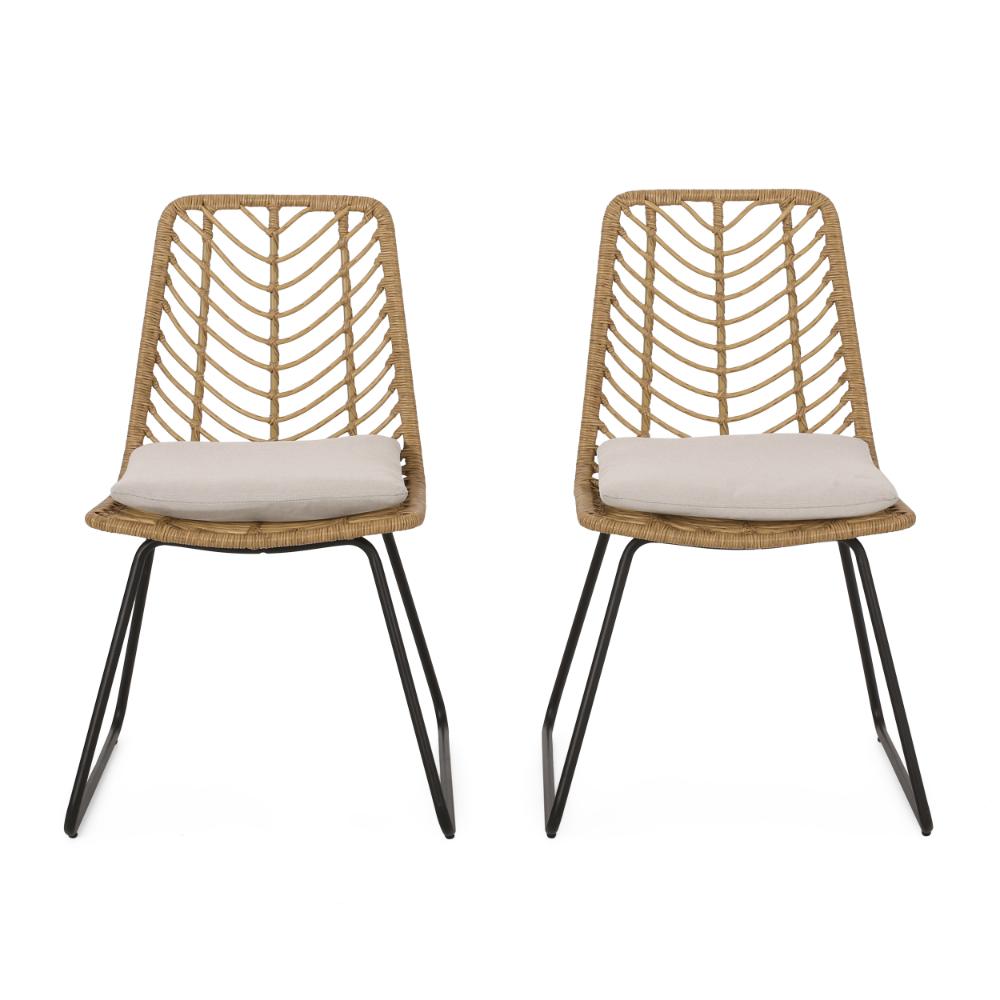 Side Dining Chair Set of 2, Black Metal, White Fabric, Brown Wicker Rattan