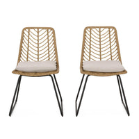 Side Dining Chair Set of 2, Black Metal, White Fabric, Brown Wicker Rattan