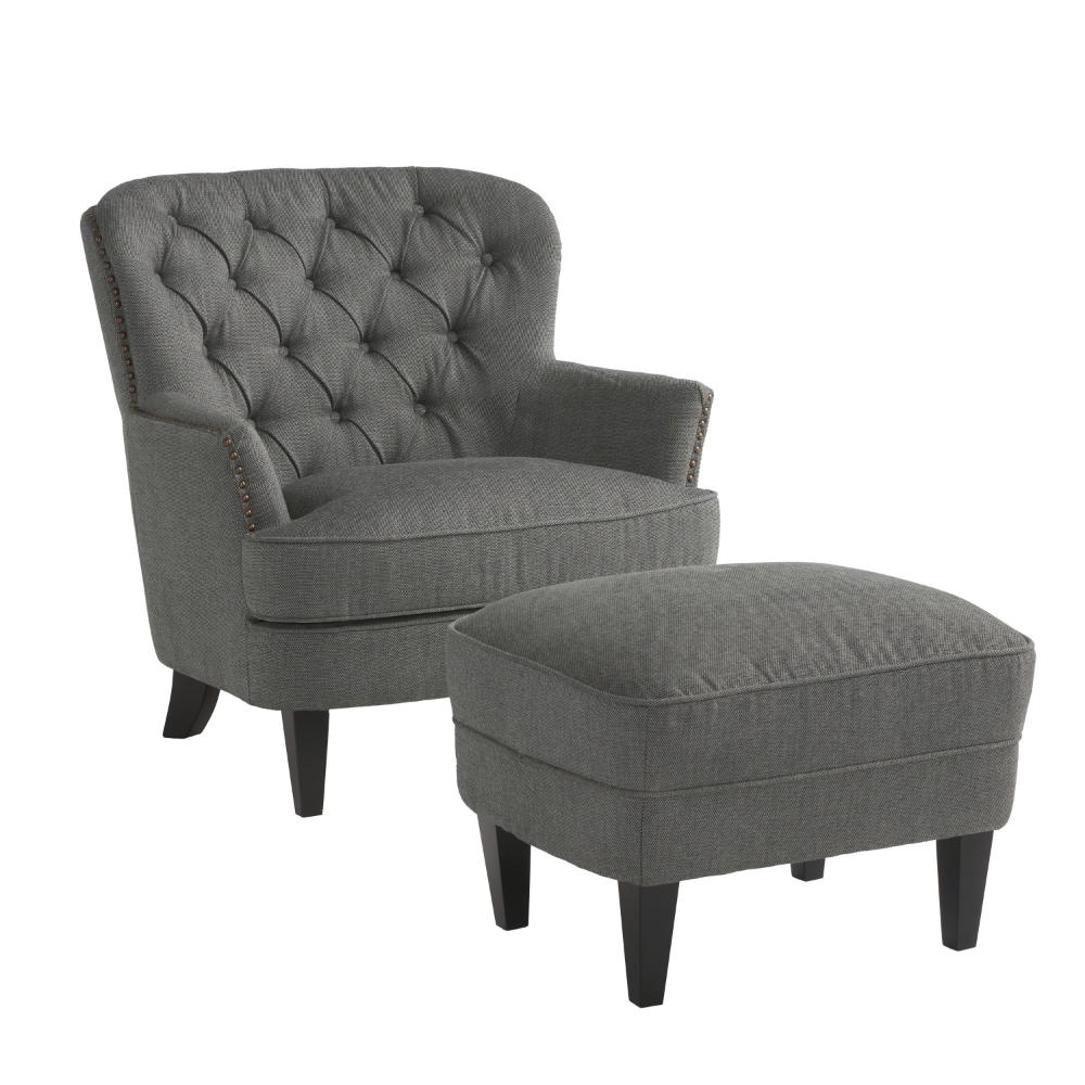 Clen 2pc Club Accent Chair and Ottoman, Tufted Dark Gray, Brown Wood Legs