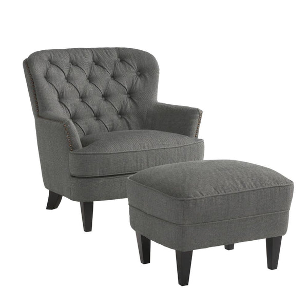 Clen 2pc Club Accent Chair and Ottoman, Tufted Dark Gray, Brown Wood Legs