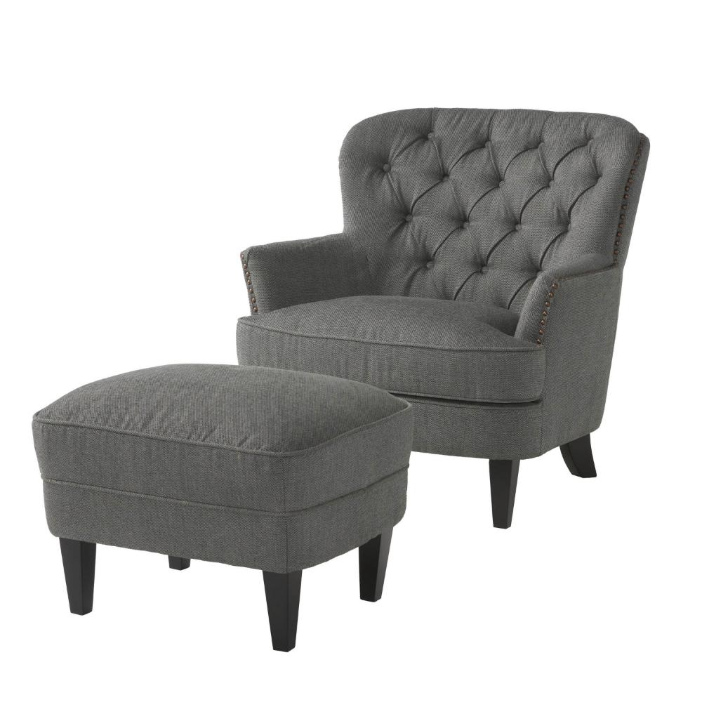 Clen 2pc Club Accent Chair and Ottoman, Tufted Dark Gray, Brown Wood Legs -BM321603