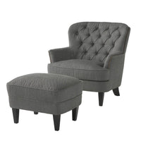 Clen 2pc Club Accent Chair and Ottoman, Tufted Dark Gray, Brown Wood Legs -BM321603
