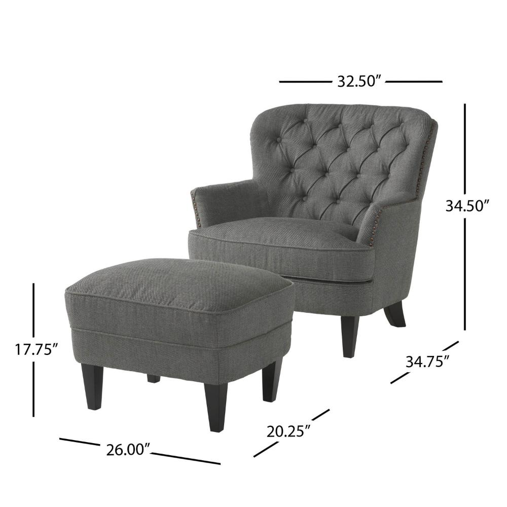Clen 2pc Club Accent Chair and Ottoman, Tufted Dark Gray, Brown Wood Legs -BM321603