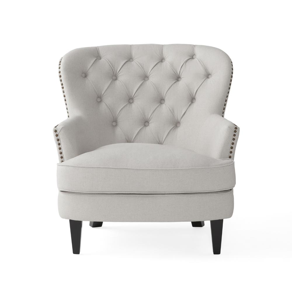 Clen 2pc Club Accent Chair and Ottoman, Tufted Light Gray, Brown Wood Legs -BM321604